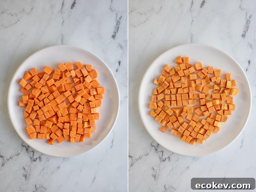 Collage showing the before and after of diced sweet potatoes being cooked in the microwave.