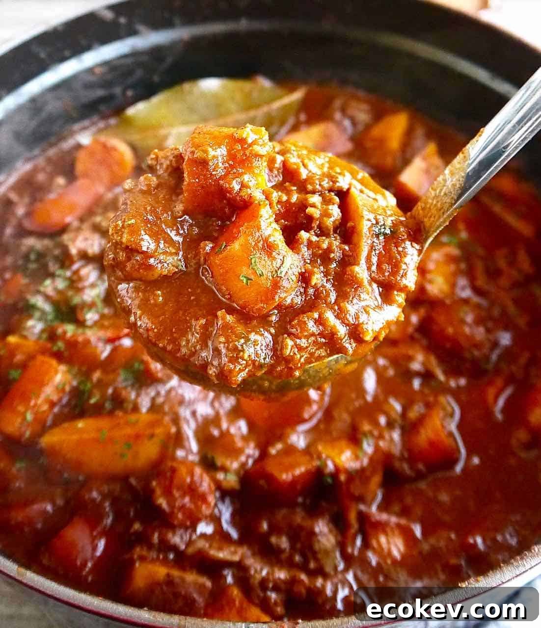Coffee spiced chili recipe in a ladle.