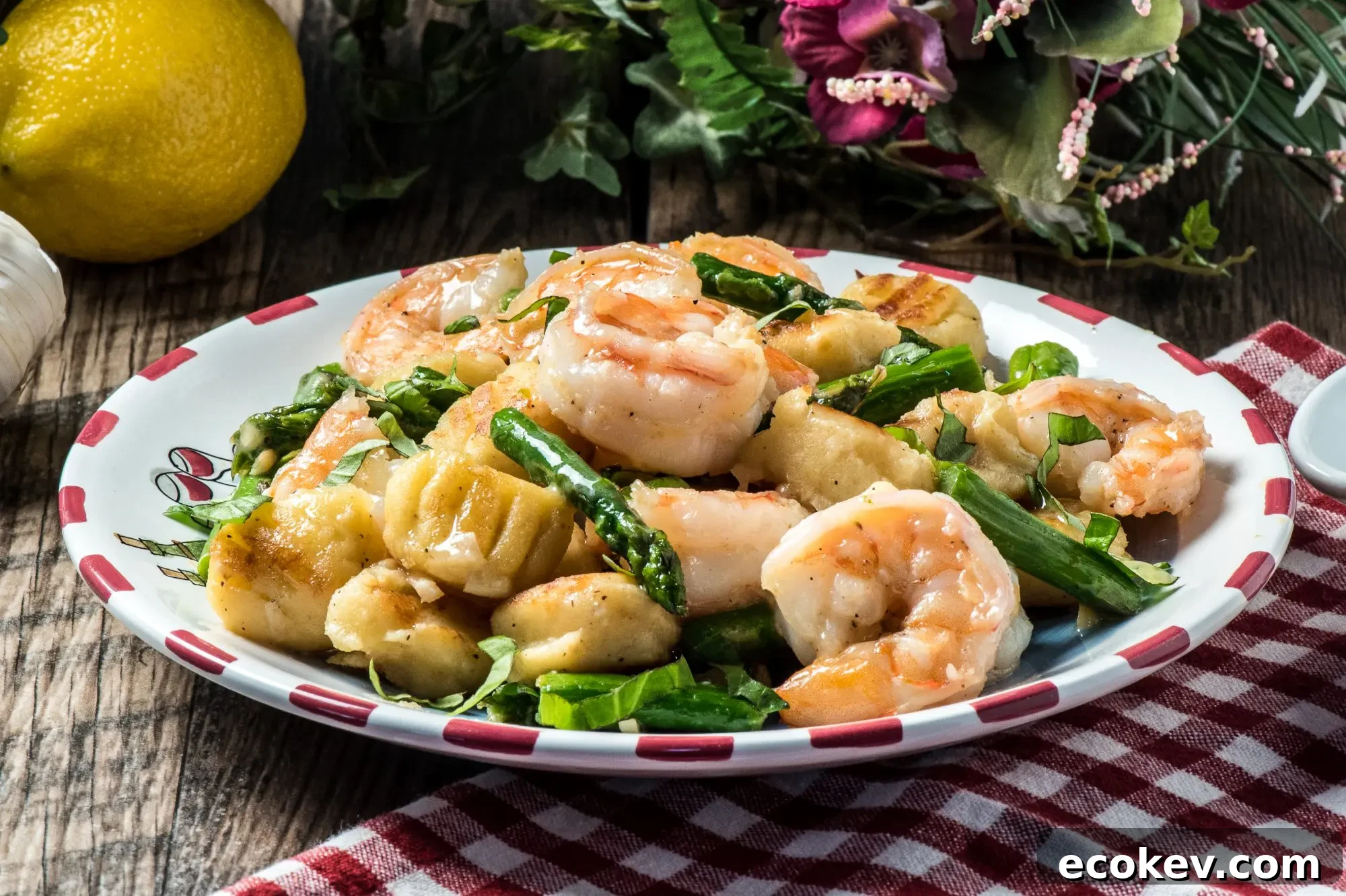 Cooking gnocchi with shrimp and asparagus
