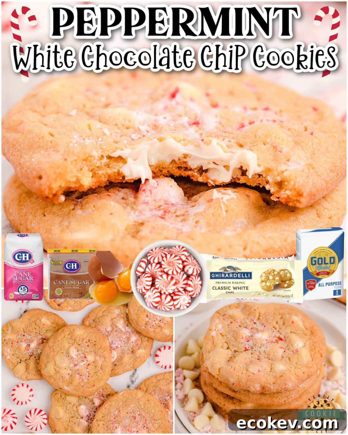 Peppermint White Chocolate Chip Cookies are chewy, buttery cookies with fantastic holiday flavor! Peppermint cookies sweetened with white chocolate chips, perfect for Santa! 