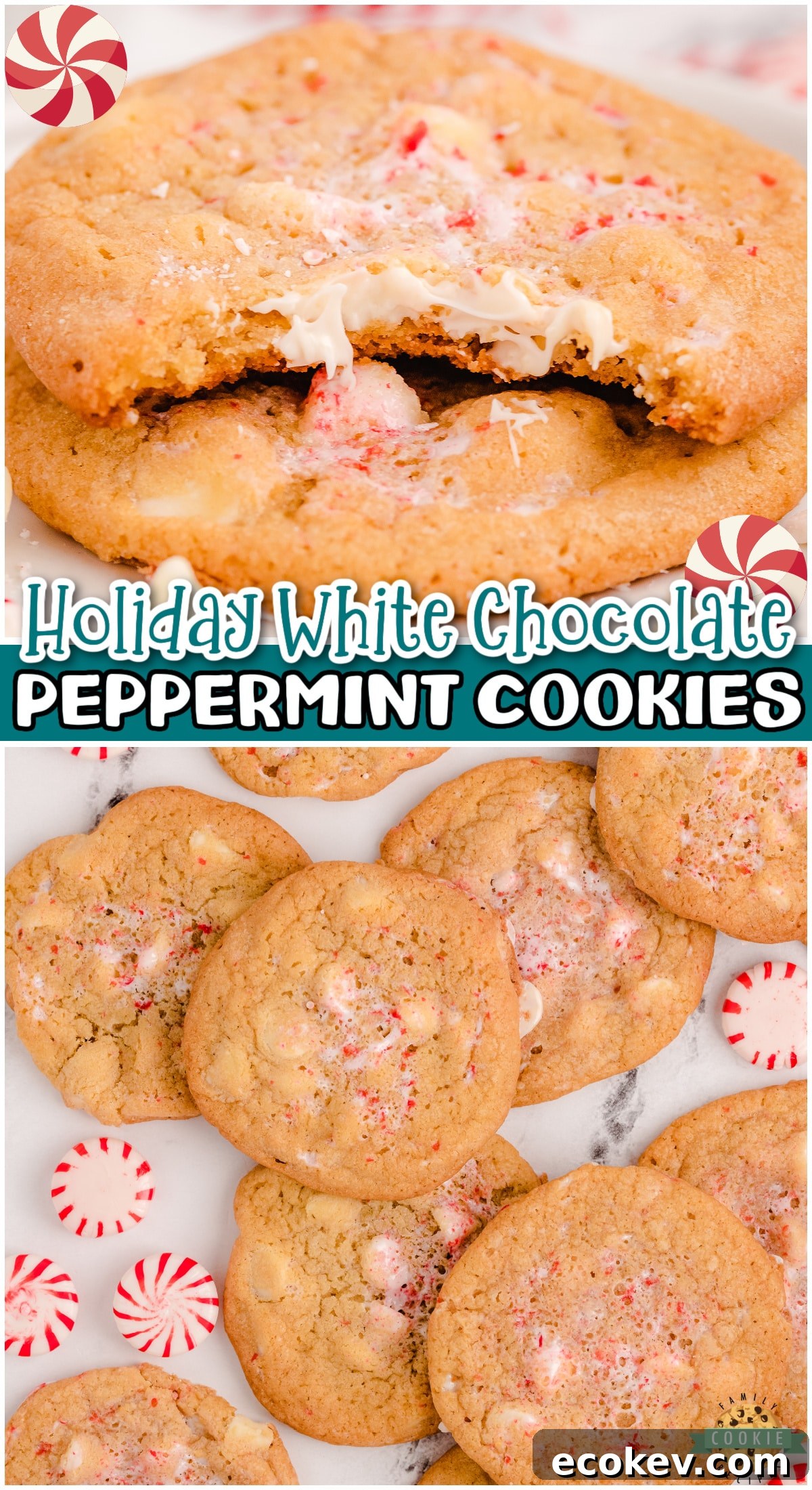 Peppermint White Chocolate Chip Cookies are chewy, buttery cookies with fantastic holiday flavor! Peppermint cookies sweetened with white chocolate chips, perfect for Santa! 