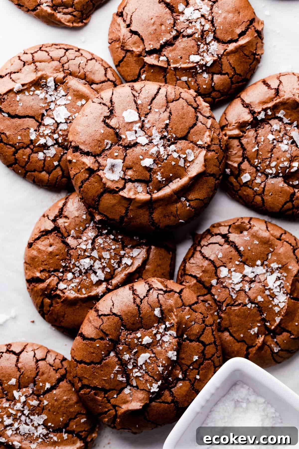 overhead close up at chocolate brownie cookies topped with some flaked sea salt