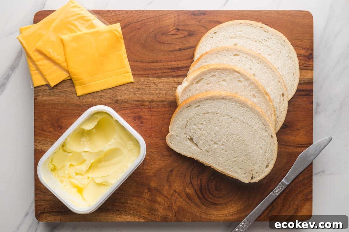 The 3 ingredients for making this recipe which are bread, cheese and butter