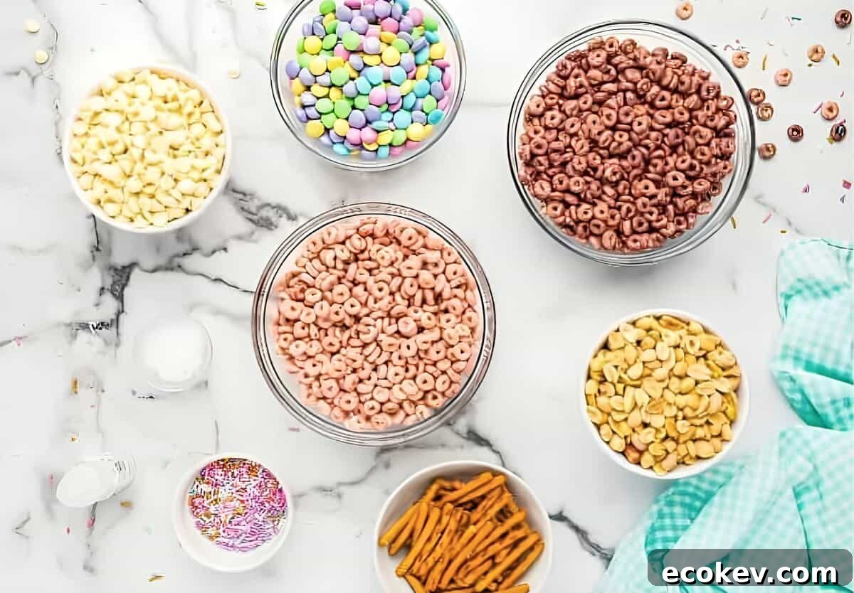 Ingredients for Easter bunny bait snack mix.