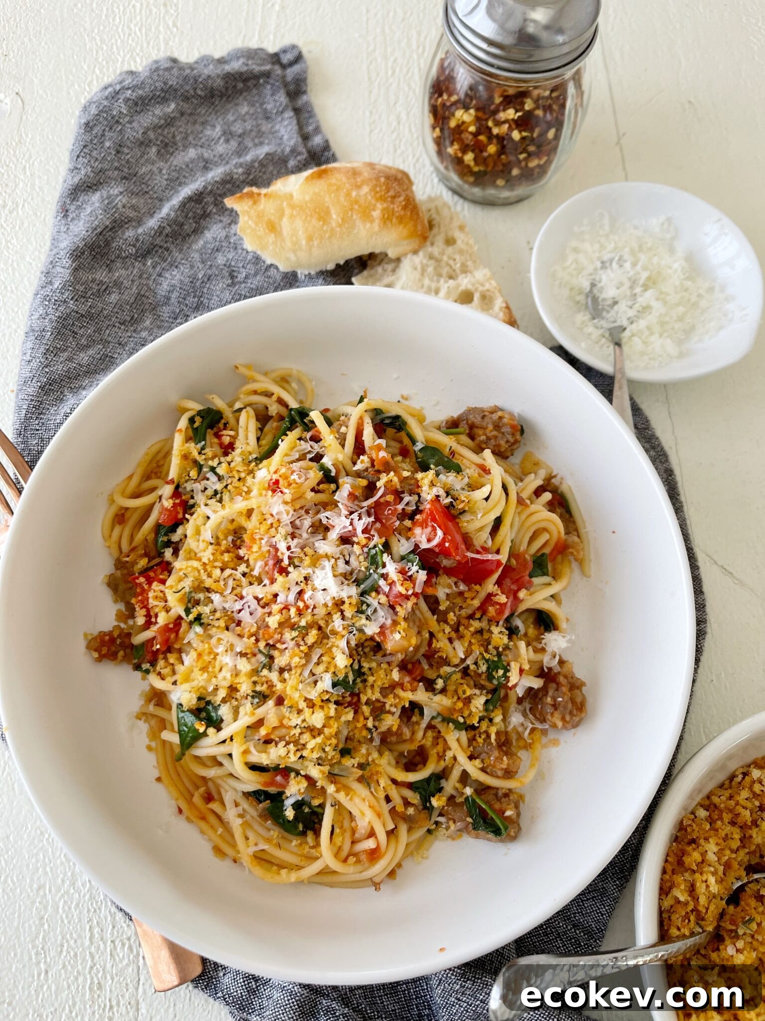 Rustic Sausage & Spinach Spaghetti with Garlic Breadcrumbs | Sarcastic Cooking