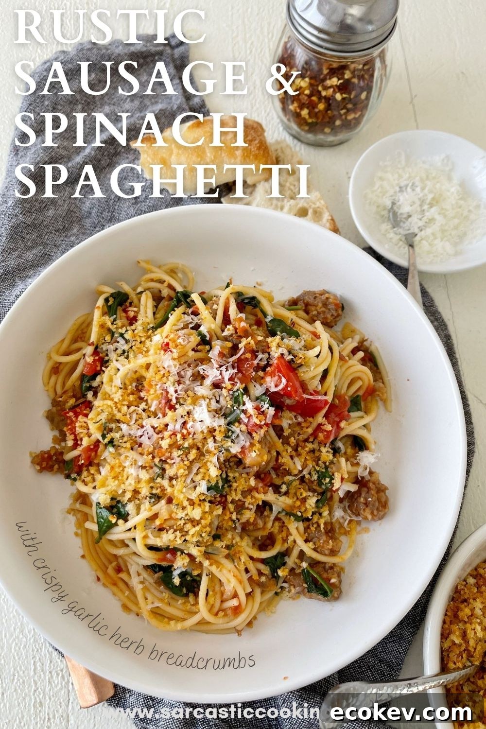 Rustic Sausage & Spinach Spaghetti with Garlic Herb Breadcrumbs | Sarcastic Cooking