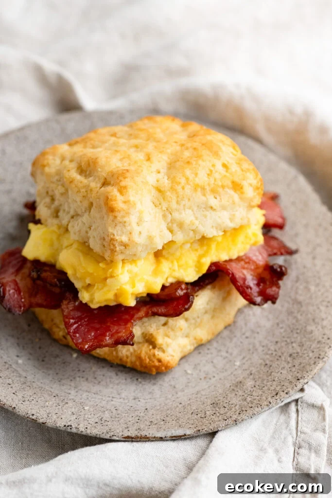 Buttermilk biscuit breakfast sandwich with bacon and scrambled eggs on a round plate.