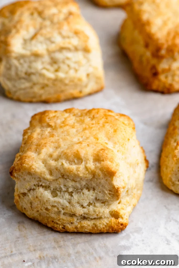 Freshly baked buttermilk biscuits on a parchment paper lined baking sheet.