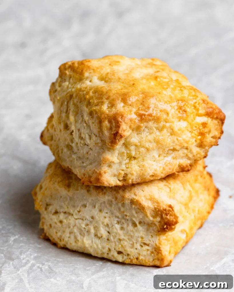 A stack of two thick fluffy buttermilk biscuits stacked on parchment paper.