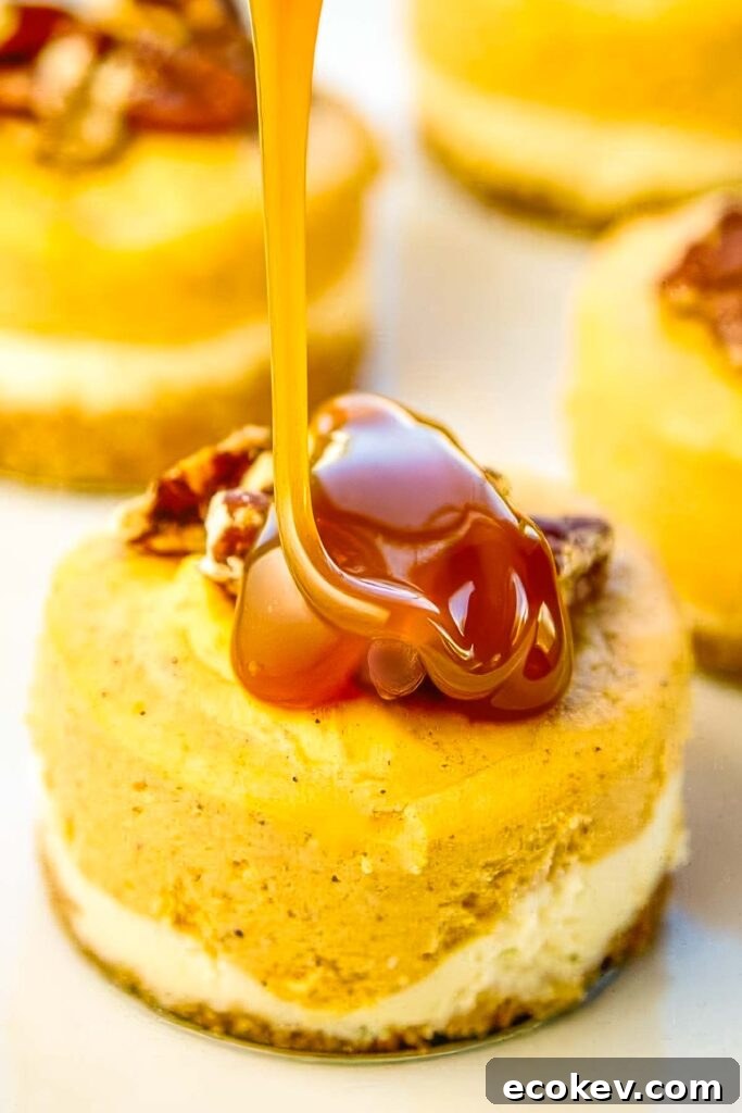 Close-up of caramel being poured over a mini pumpkin cheesecake topped with pecans