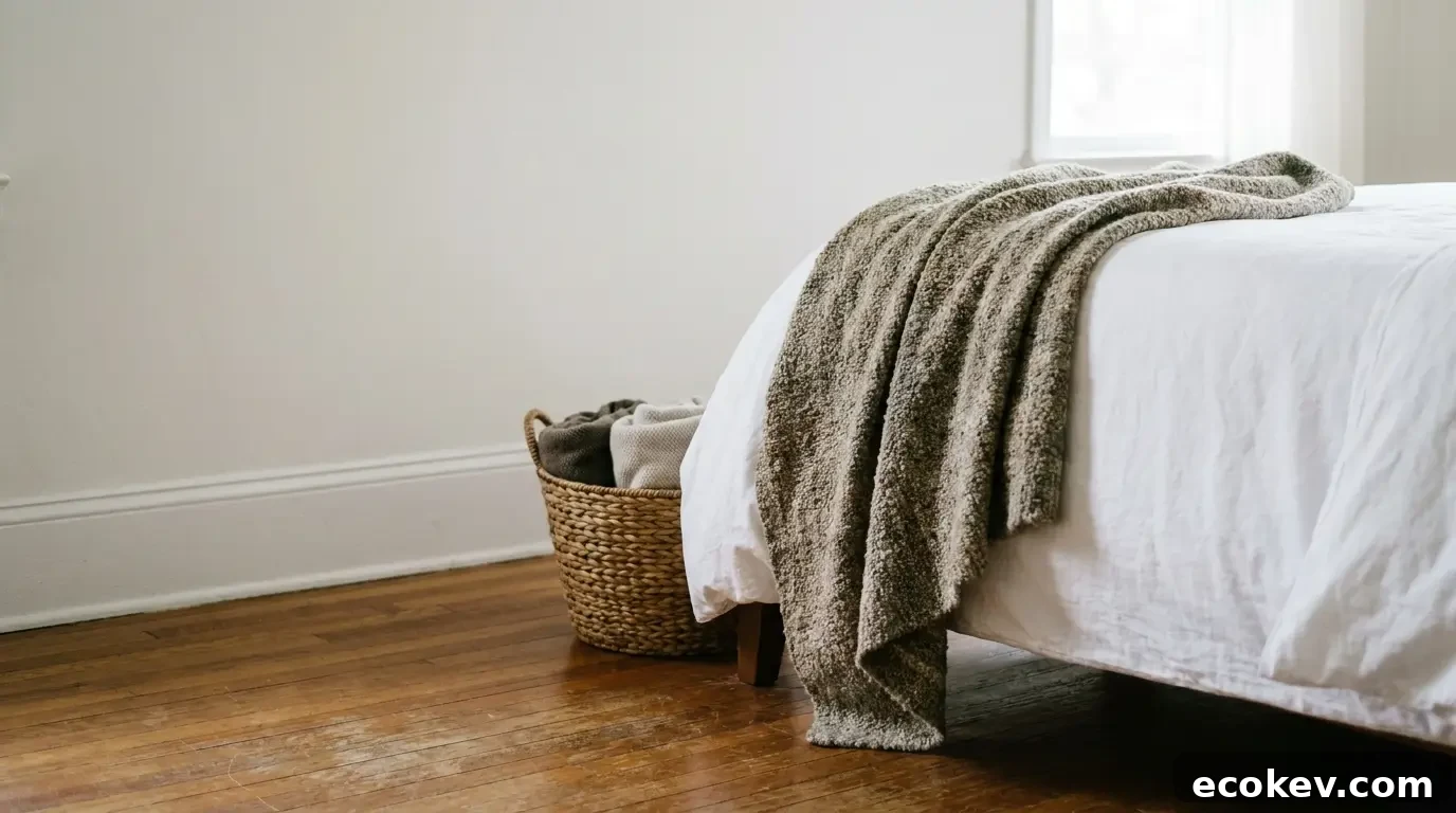Cozy woolen blanket draped over white bed near wicker basket in bright bedroom