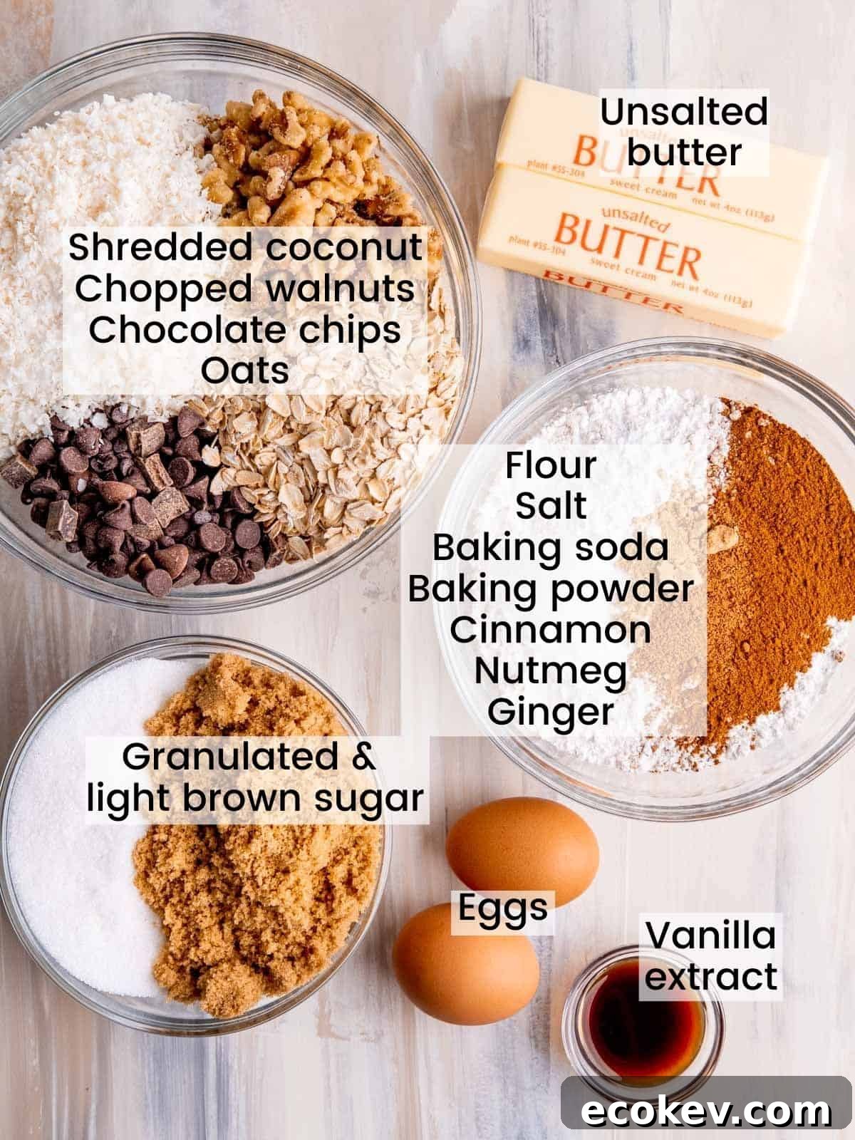 Ingredients needed to make chewy chocolate chip cowboy cookies.