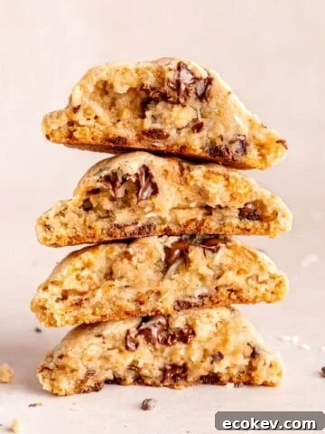 A stack of Levain Bakery copycat caramel coconut chocolate chip cookies.