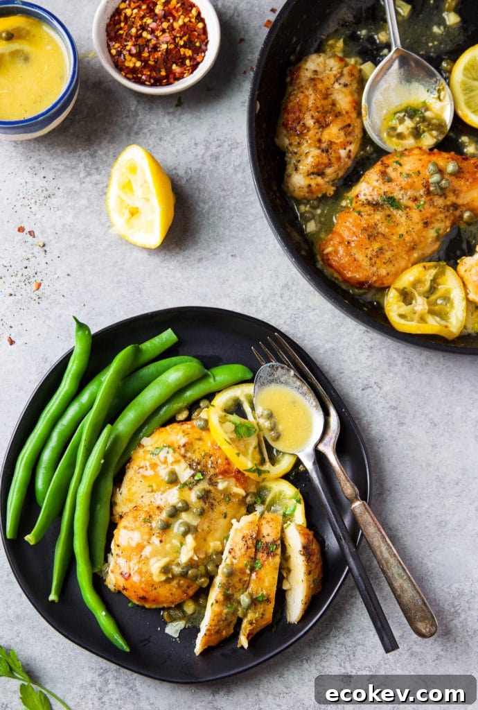 A chicken dish on a plate and on a skillet