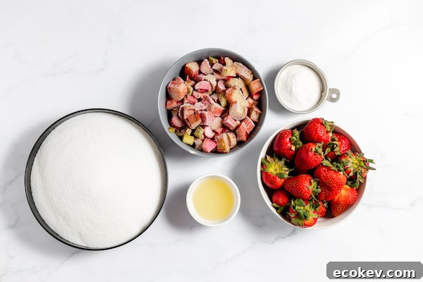 ingredients for making strawberry rhubarb jam