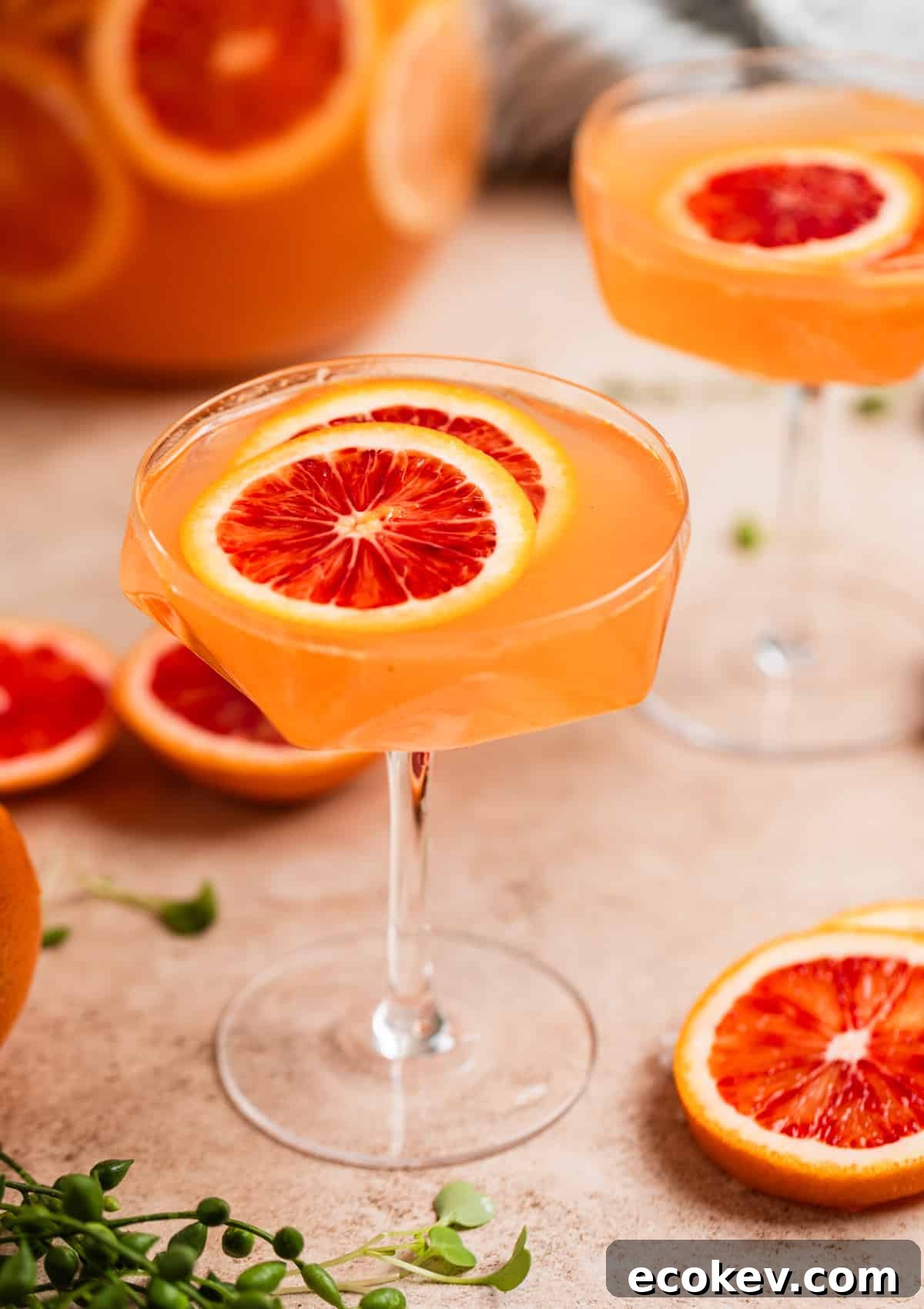 Blood orange champagne sangria in champagne glass with garnish.
