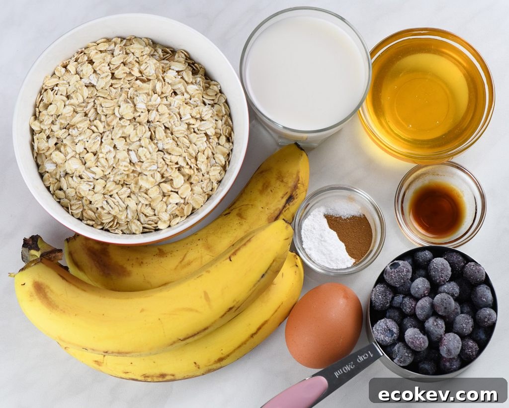 Ingredients for Blueberry Banana Baked Oatmeal Cups including oats, bananas, blueberries, honey, milk, egg, cinnamon, baking powder, and vanilla.