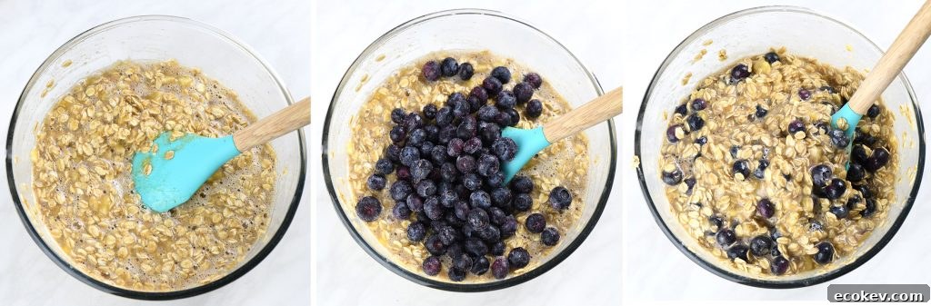 Step-by-step mixing process for Blueberry Banana Baked Oatmeal with oats, mashed bananas, and blueberries in a glass bowl.