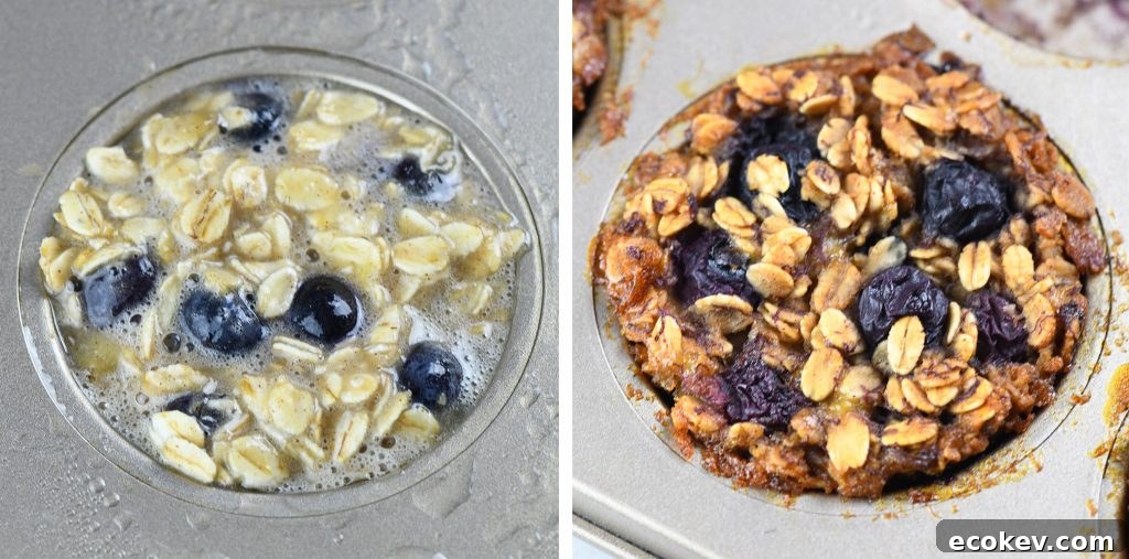 Muffin tray filled with the oatmeal mixture and fresh blueberries, showing the pre-baking stage of Blueberry Banana Baked Oatmeal Cups.