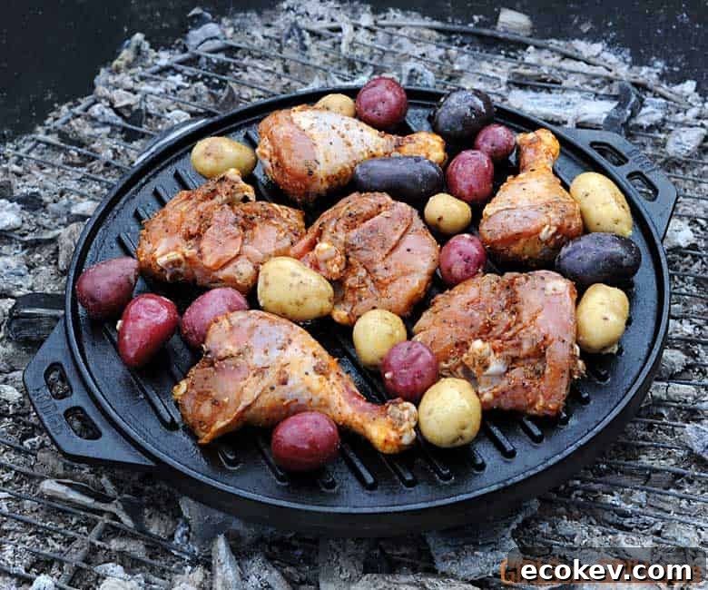 grilled chicken and potatoes in a cast iron pan over campfire