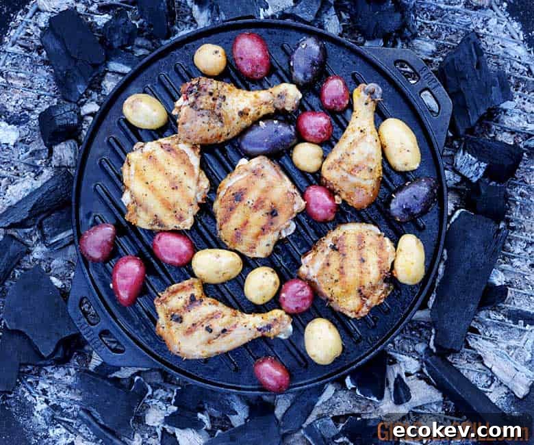 grilled chicken and potatoes in a cast iron pan over campfire