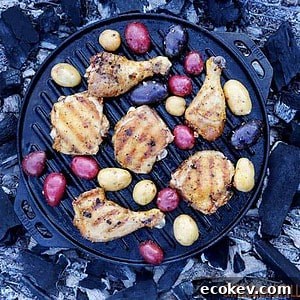 grilled chicken and potatoes in a cast iron pan over campfire