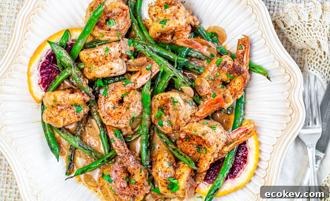 Skillet Chili-Shrimp with Blackened Green Beans and Blood Orange Butter