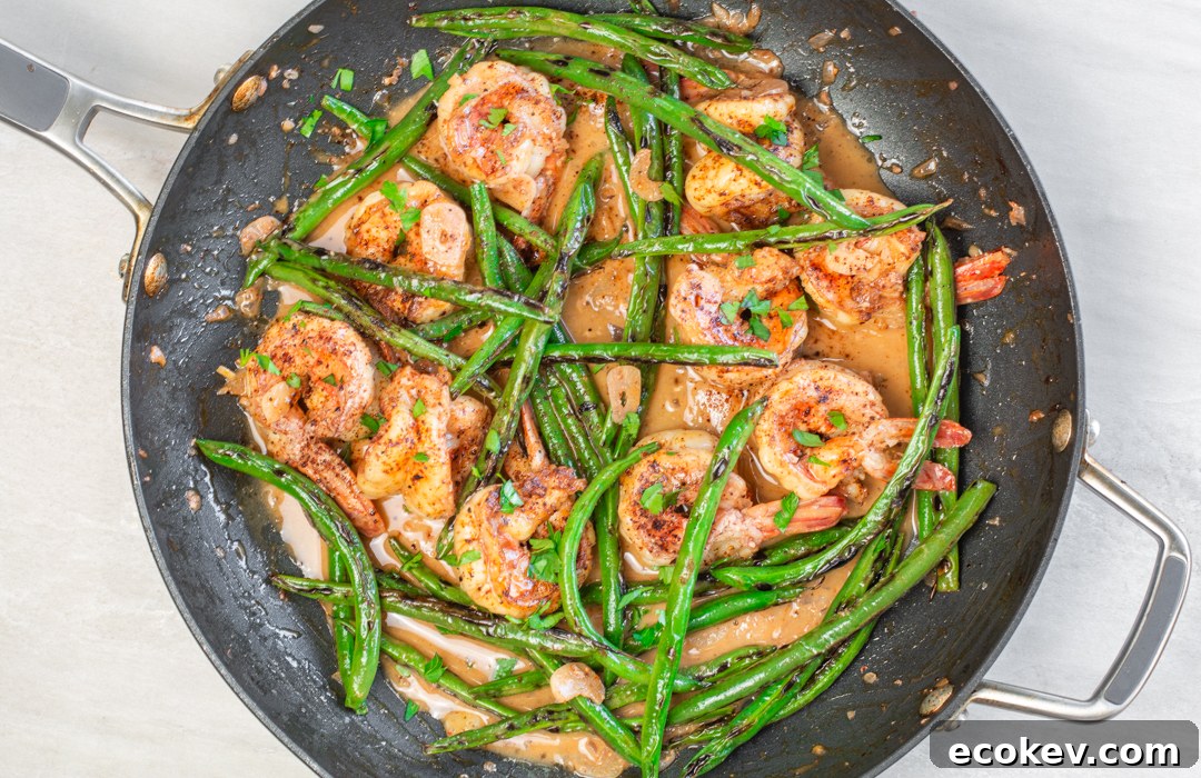 Skillet Chili-Shrimp and Blackened Green Beans with Blood Orange Butter Sauce ready to eat!
