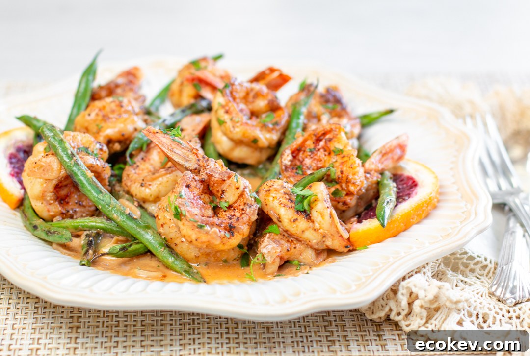Skillet Chili Shrimp with Blackened Green Beans with Blood Orange Butter Sauce 