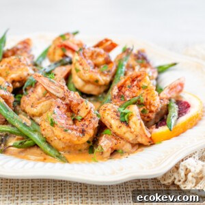 Skillet Chili-Shrimp with Blackened Green Beans and Blood Orange Butter