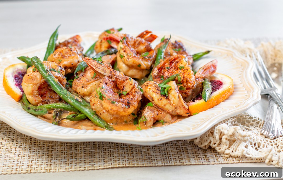 Skillet Chili-Shrimp with Blackened Green Beans and Blood Orange Butter