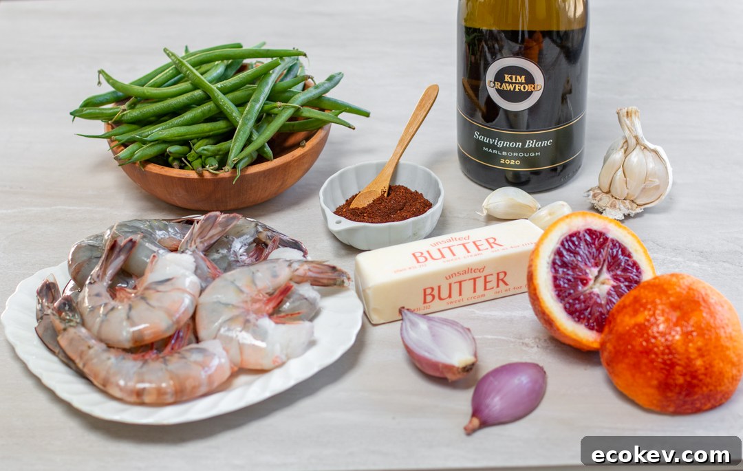 Ingredients for the Skillet Chili-Shrimp and Blackened Green Beans with Blood Orange Butter Sauce