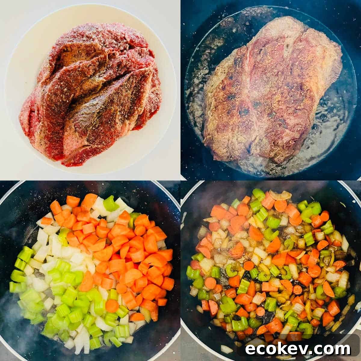 process shots how to make braised chuck roast 1-4.