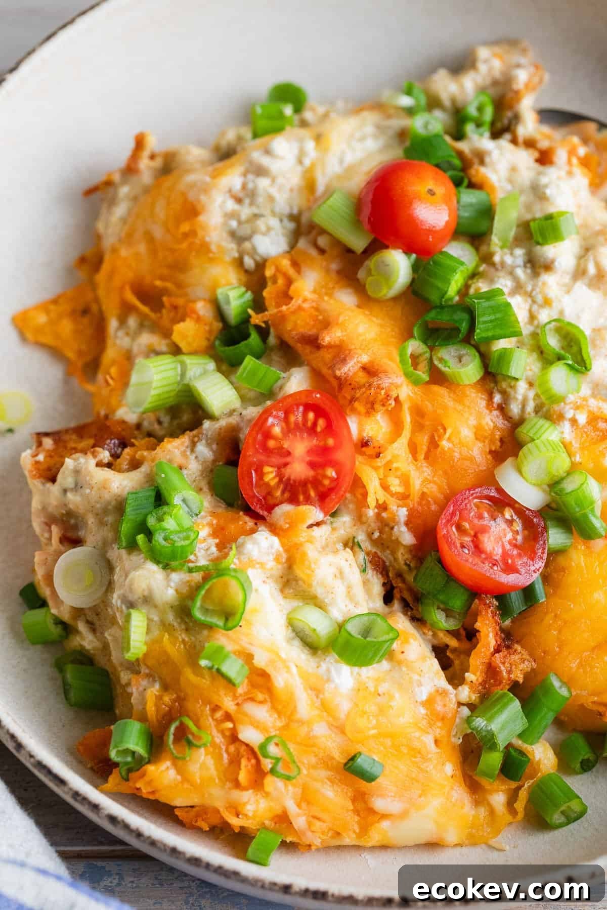 Chicken dorito casserole in a bowl.