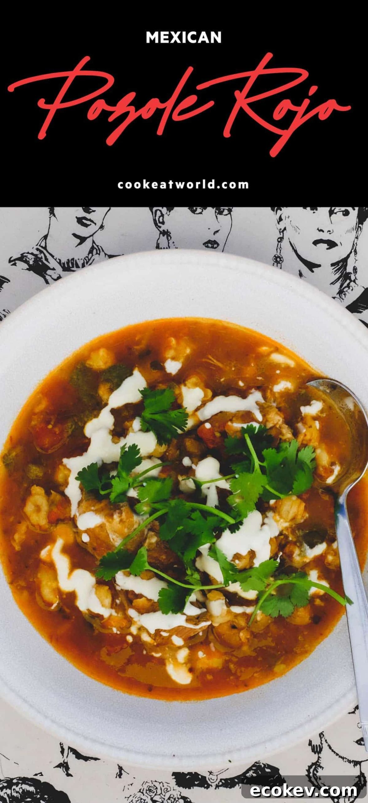 A bowl of Mexican Pozole Rojo on a background featuring sketches of Frida Kahlo