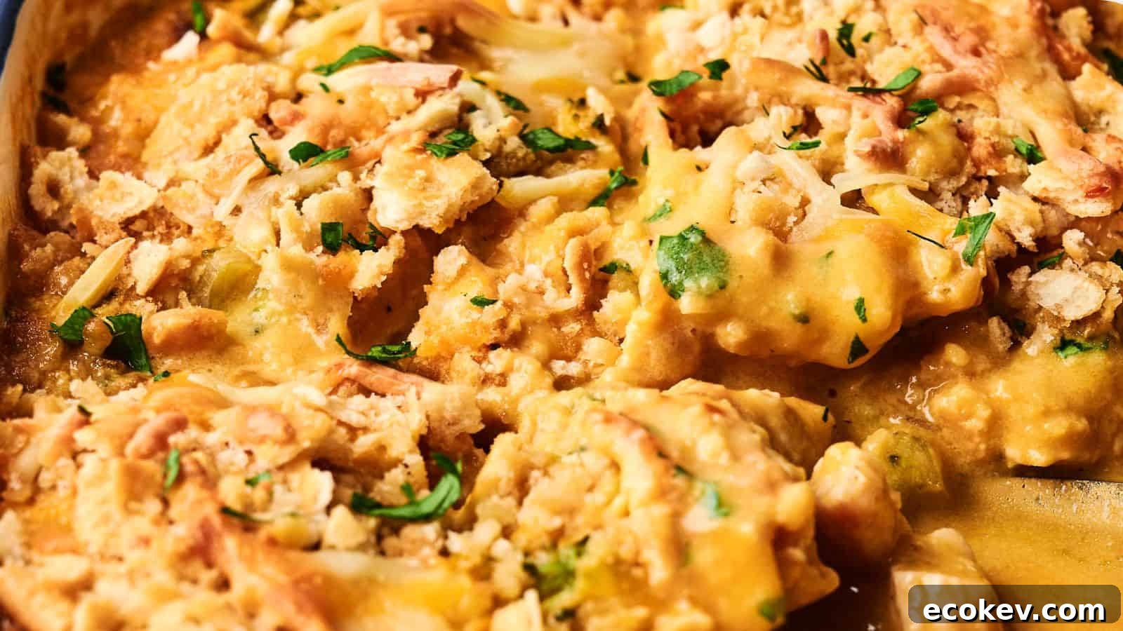 Close-up of a cheesy casserole topped with chopped parsley and crumbly bits, featuring melted cheese and a creamy texture.