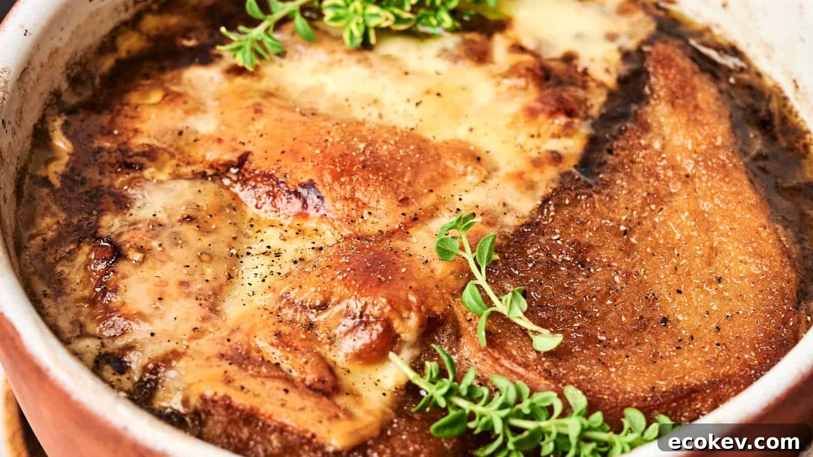A savory dish of French Onion Soup, topped with melted cheese and garnished with sprigs of fresh thyme.