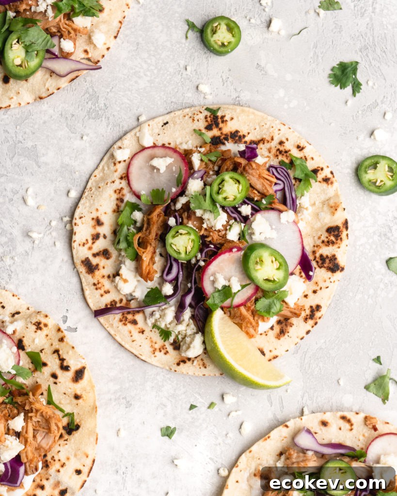 Pulled chipotle chicken is the main filling for these delicious tacos.