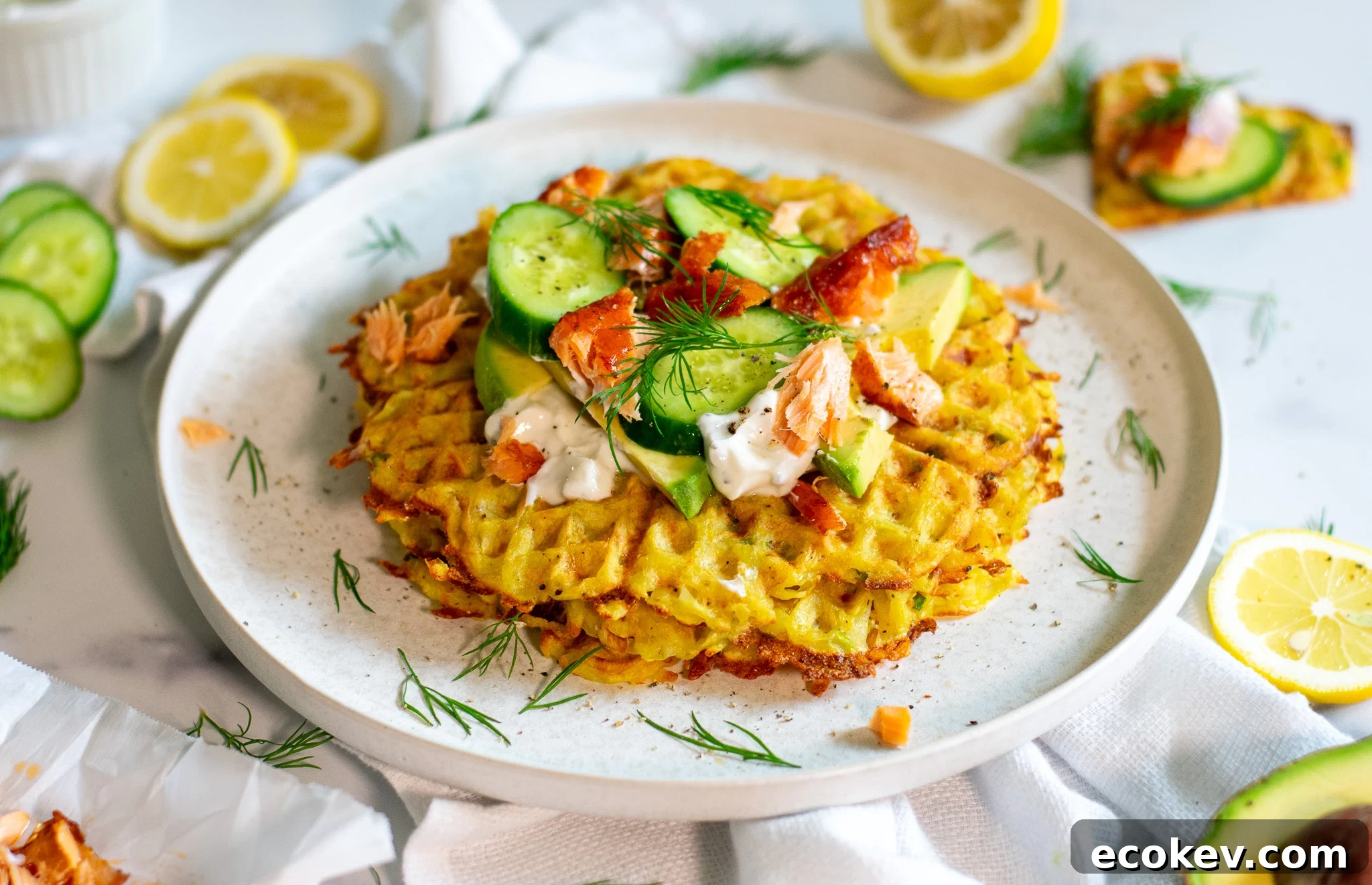 A stack of potato waffles topped with sour cream, smoked salmon, cucumber, and dill.