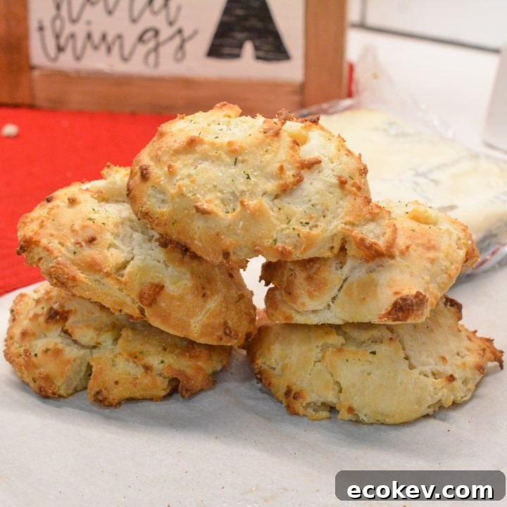 These savory blue cheese biscuits made with Bisquick are so simple to make using a biscuit mix, butter, blue cheese crumbles, and buttermilk.