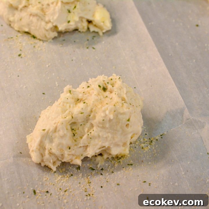Drop the biscuits on a parchment paper-lined baking sheet with a large scoop. Sprinkle with garlic salt.