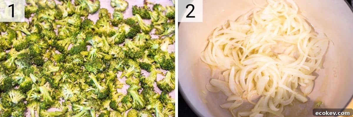 process shots of cooking broccoli in oven and cooking onions in dutch oven