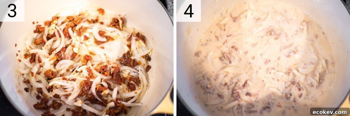 process shots of cooking sun-dried tomatoes and garlic with onions and then adding hummus