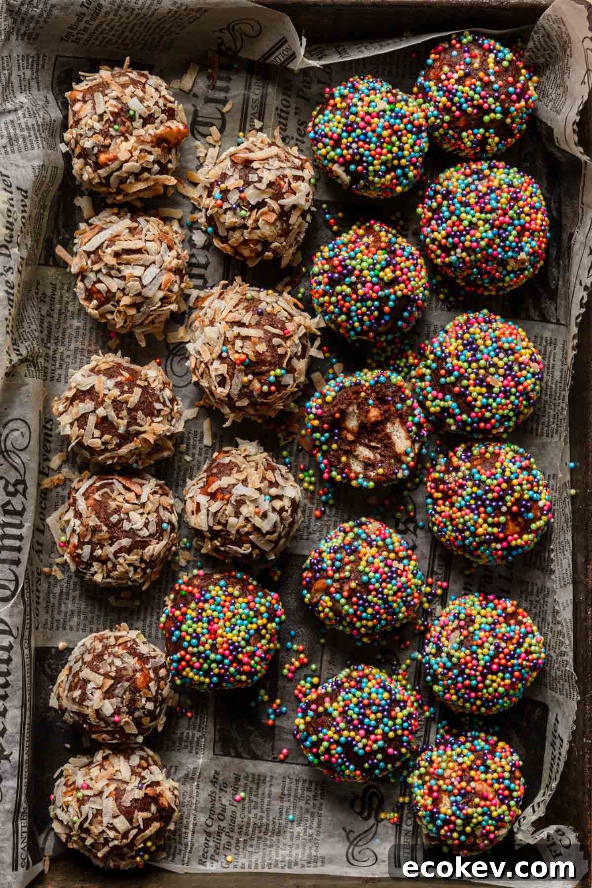 Israeli chocolate balls coated with sprinkles and shredded coconut.