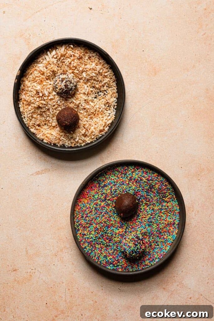 A bowl with shredded coconut and chocolate balls. A bowl with sprinkles and chocolate balls.