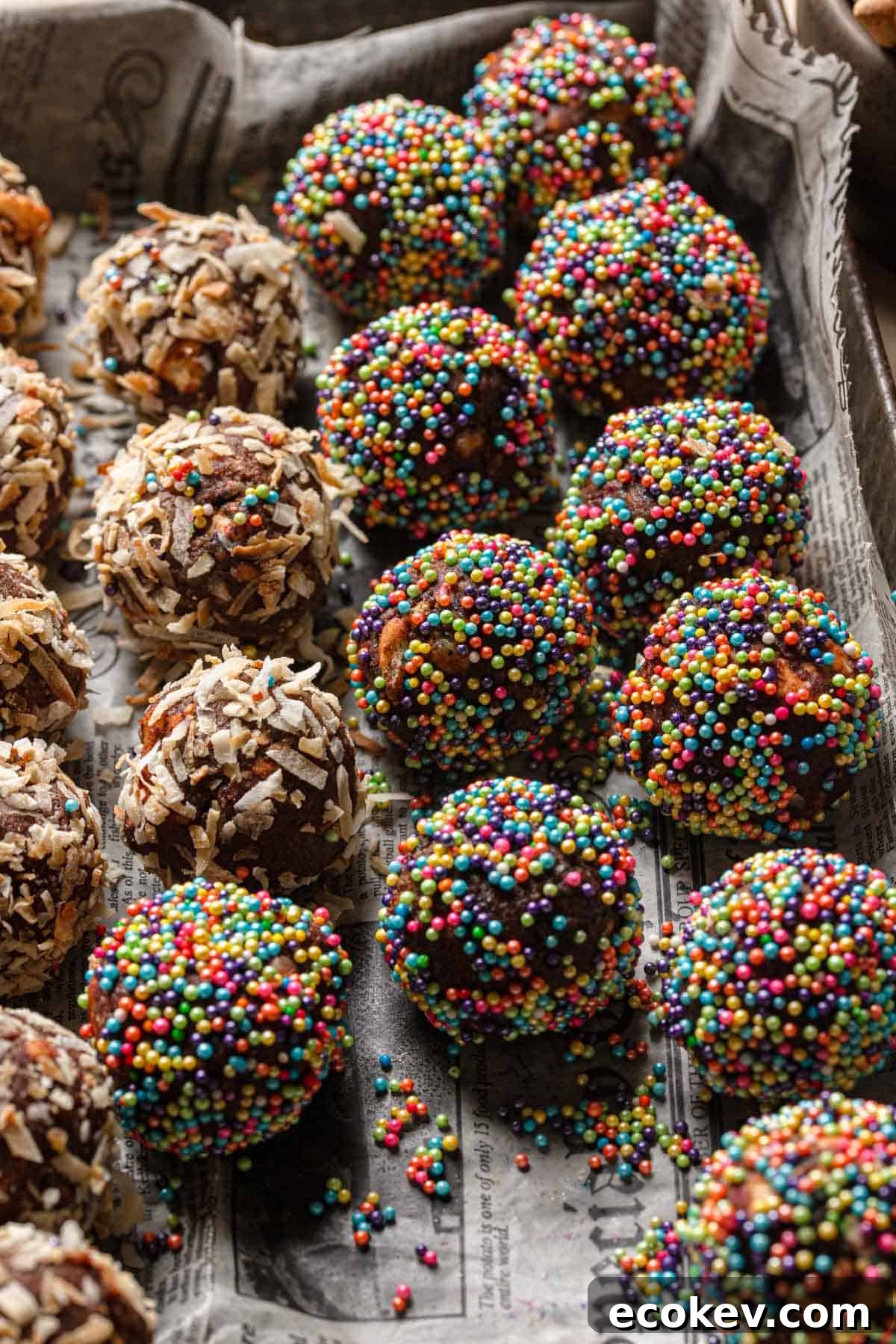Unbaked israeli cookies coated with sprinkles and shredded coconut.