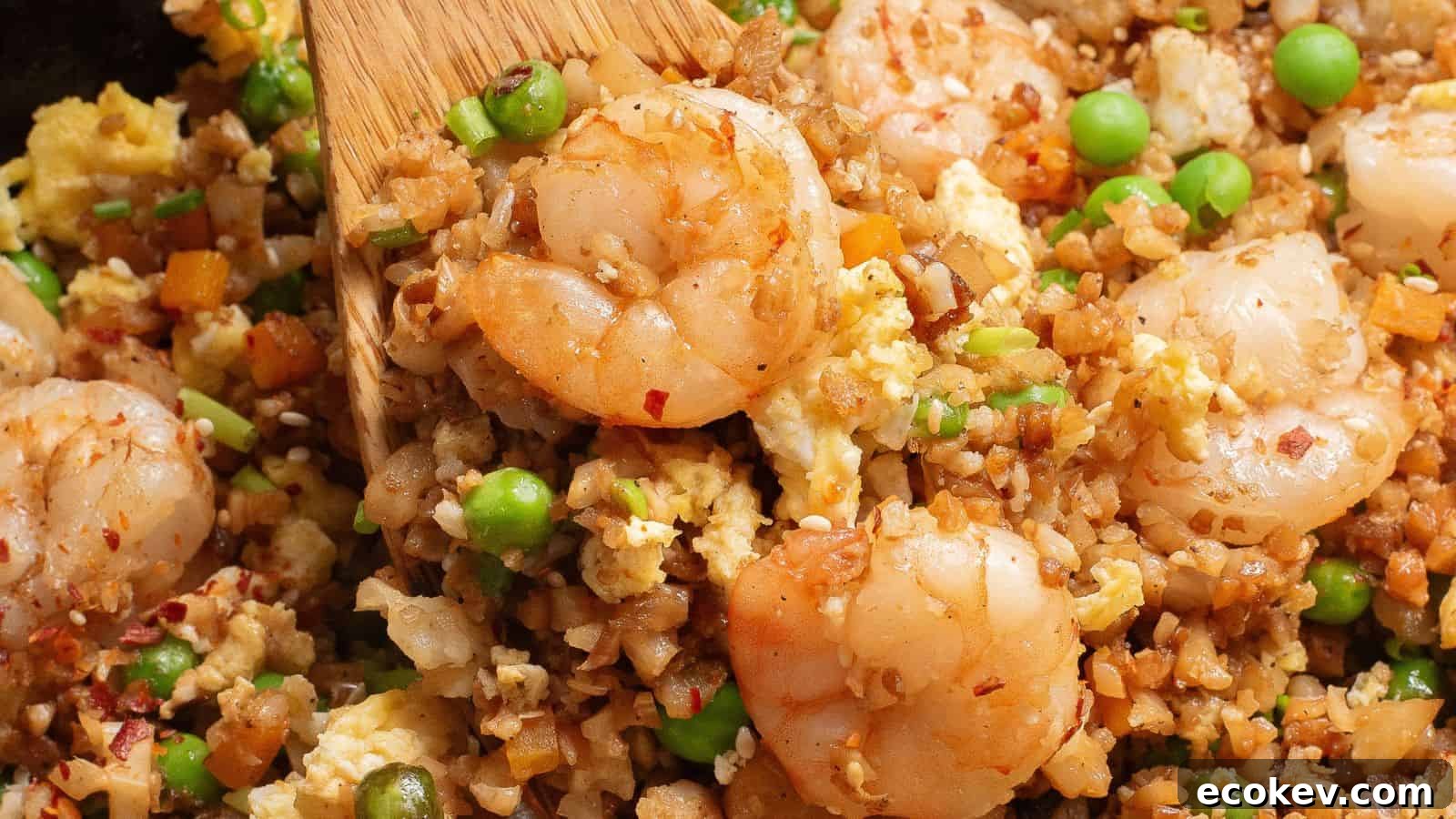 Shrimp fried rice with peas, eggs, and diced vegetables being stirred with a wooden spatula.