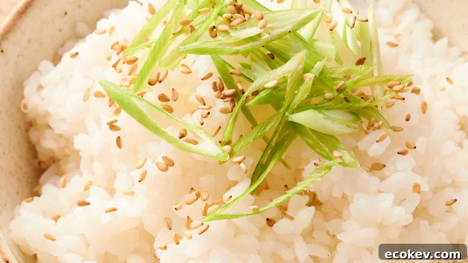 A bowl of steamed white rice topped with sliced green onions and sprinkled with sesame seeds.