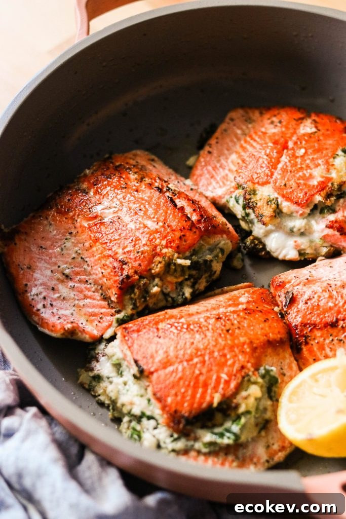 close up of creamed spinach stuffed salmon
