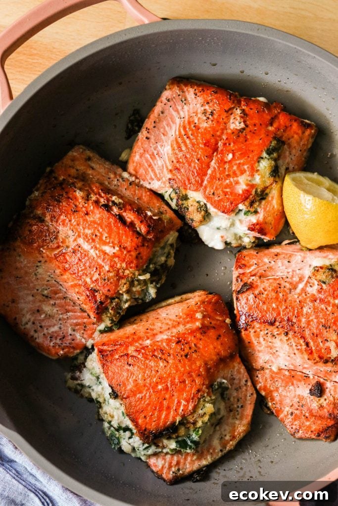 creamy spinach stuffed salmon pan fried and cooked